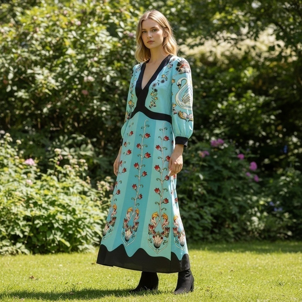 NWT BYMANYC Womens S Maxi Dress Swan Floral Farm Rio Inspired Boho Aqua